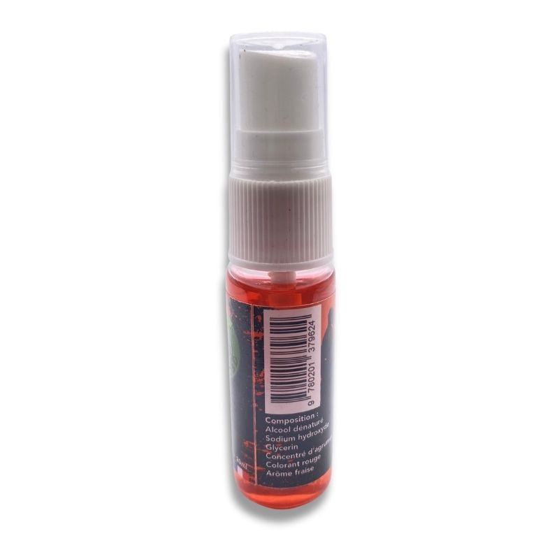 Flacon de spray anti-THC à la fraise vu de dos sur fond blanc