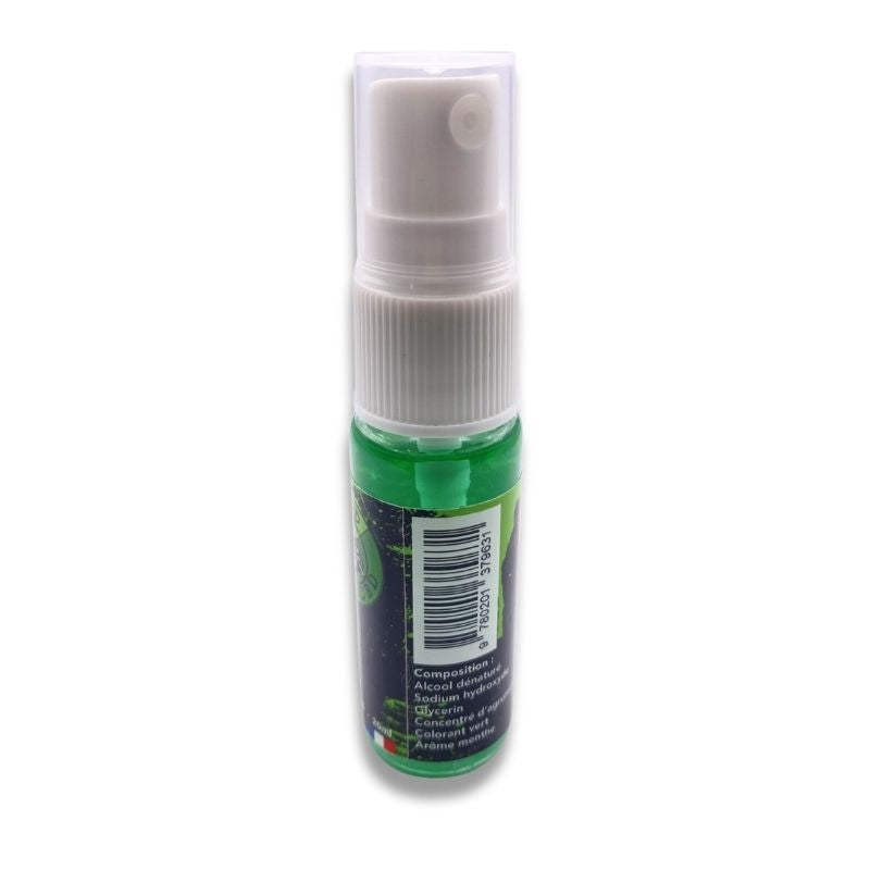 Spray anti-THC à la menthe vu de dos sur fond blanc